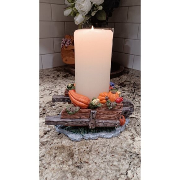 Fall Candle Holder Pumpkins Grapes Squash Home Decor In Wheelbarrow Cart - Picture 13 of 16